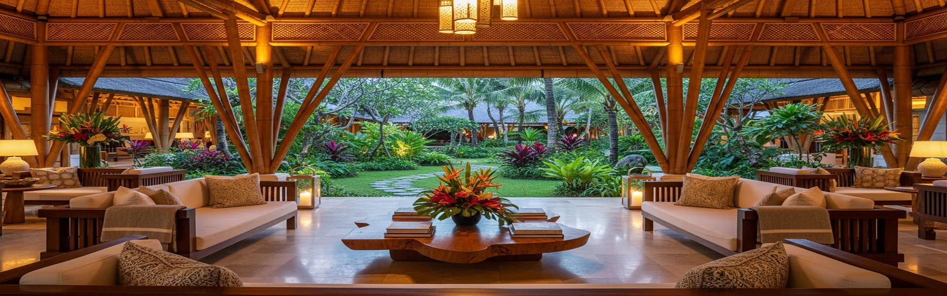 Luxury Bali hotel lobby with tropical garden