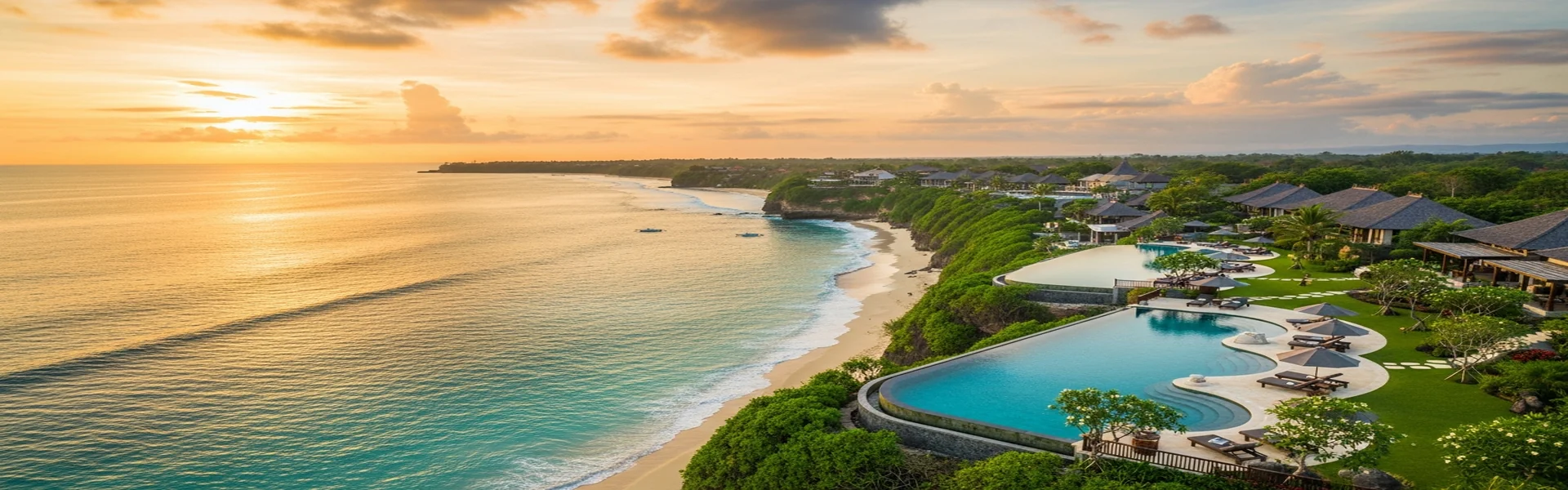 Aerial view of luxury Bali villa with infinity pool overlooking ocean at golden hour